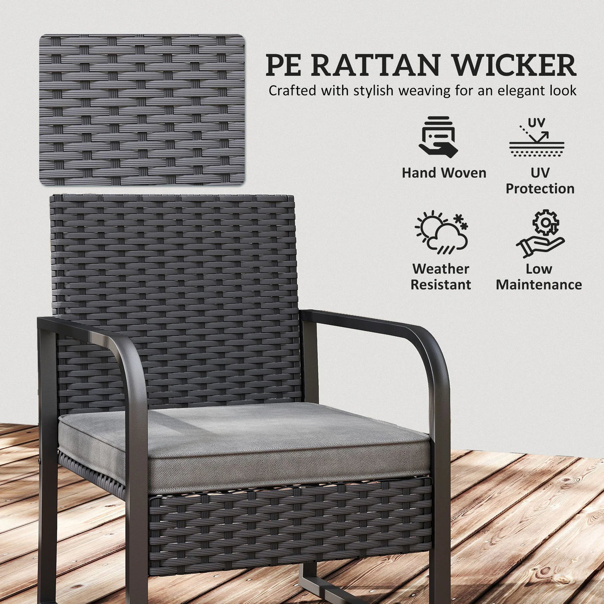 Black woven rattan bistro chair with gray seat cushion and curved armrests