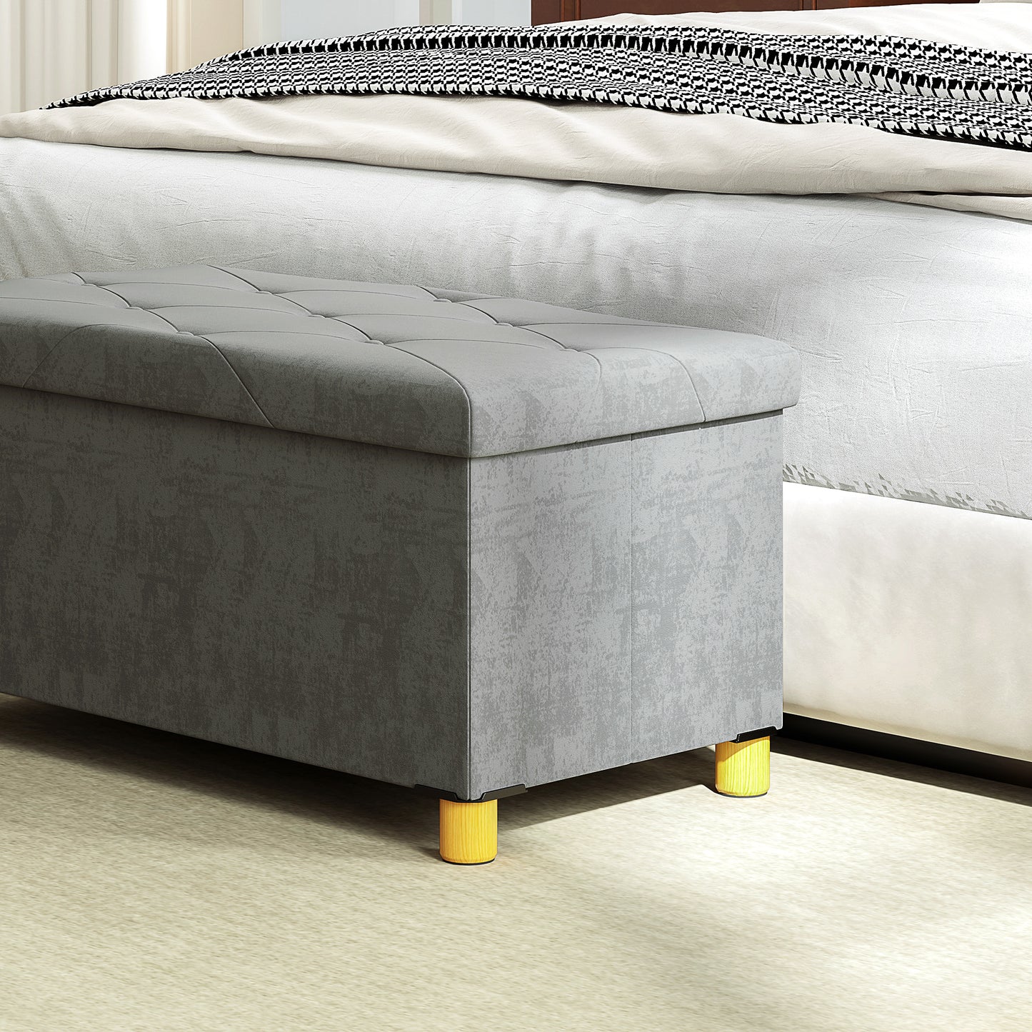 Velvet Upholstered Foldable Storage Ottoman Footrest With Wooden Legs For Living Room Grey