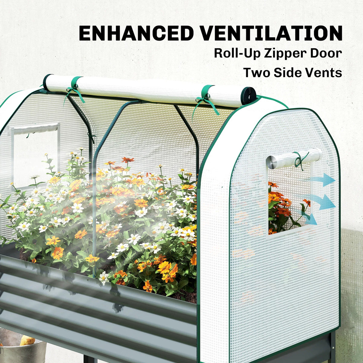 Greenhouse cover with roll-up zip door and side vents on raised planter