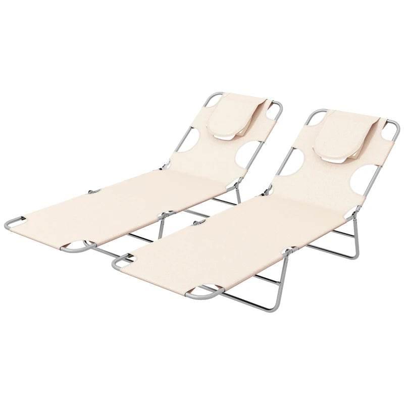 Beige foldable sun loungers set of 2, 5-position backrest, arm holes on sides