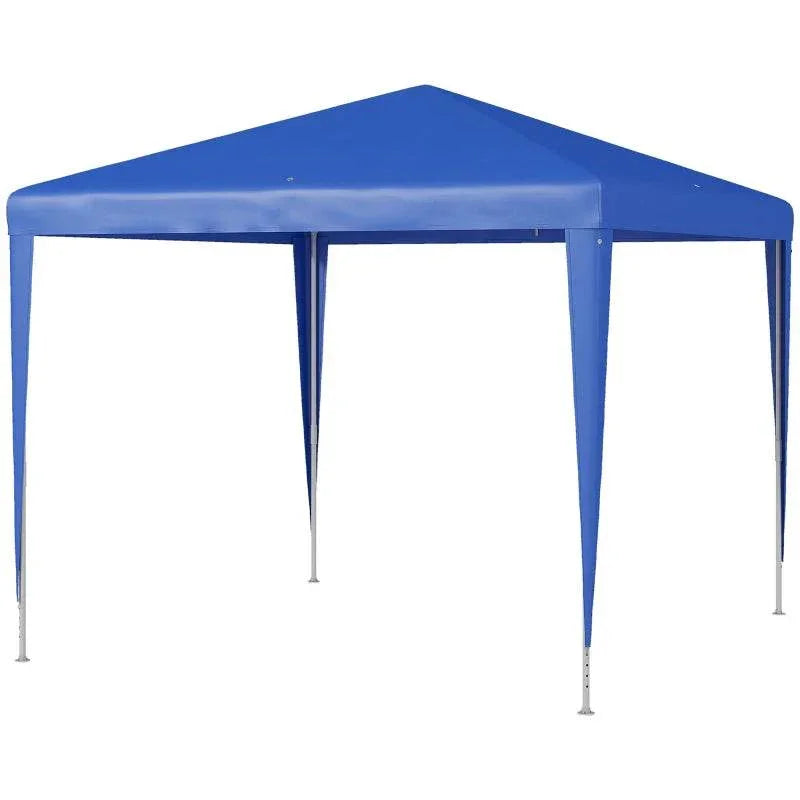 Blue pop-up gazebo canopy with peaked roof and open side panels, front view