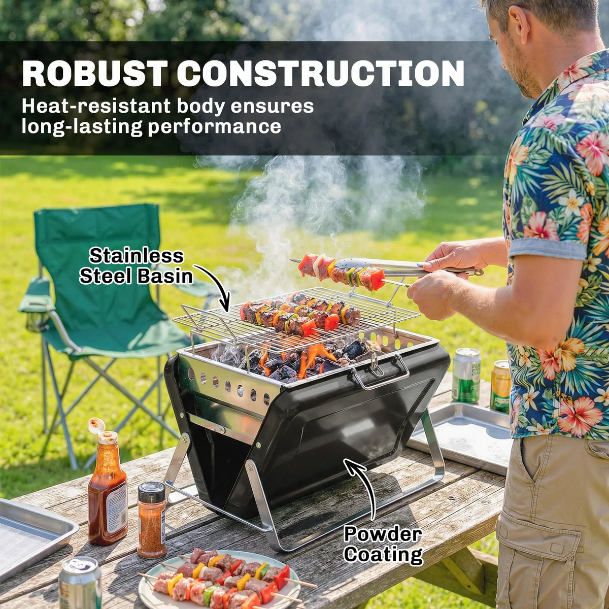 Black powder-coated charcoal grill with stainless steel basin and wire cooking grate.