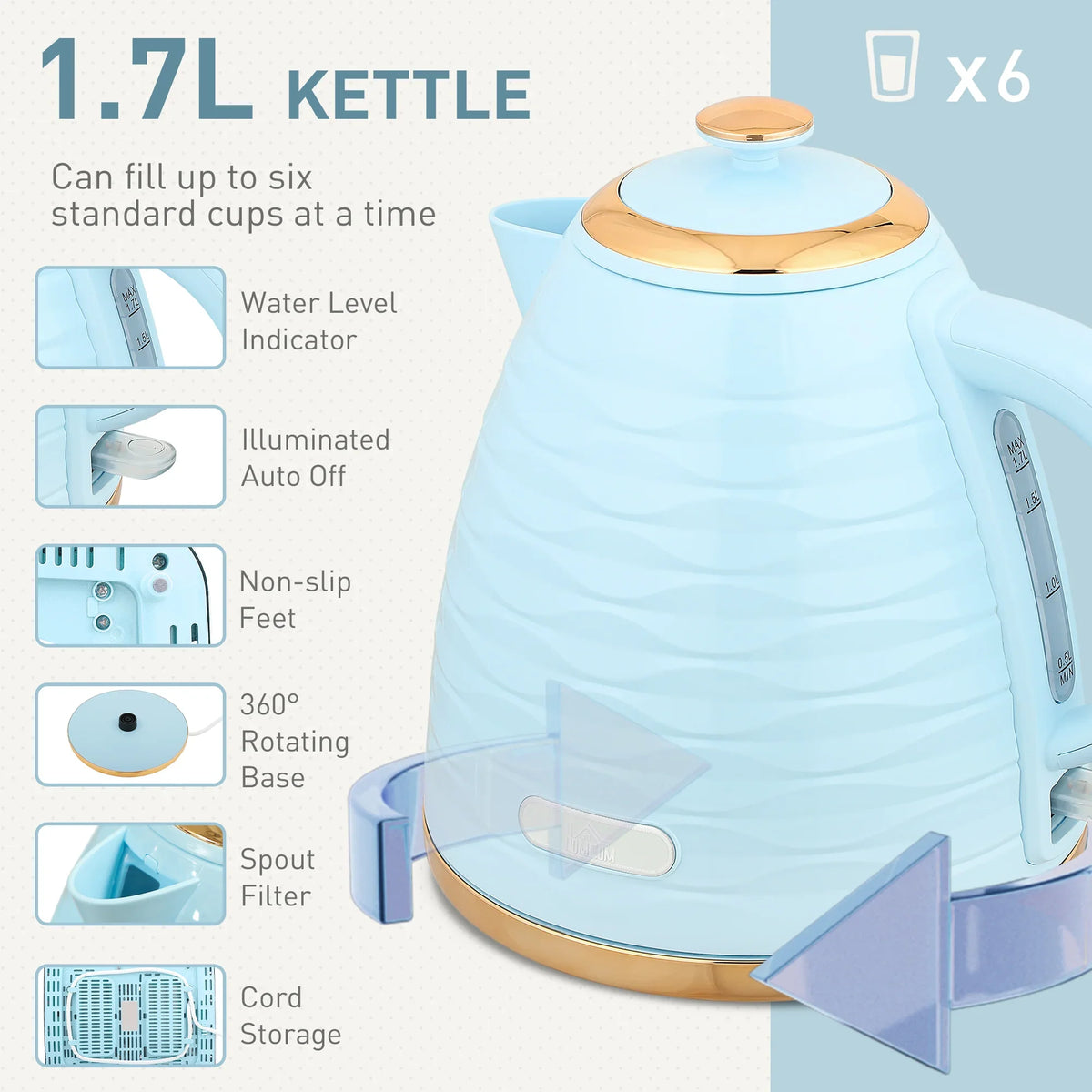 Light blue electric kettle with flip lid and 360° rotating base design