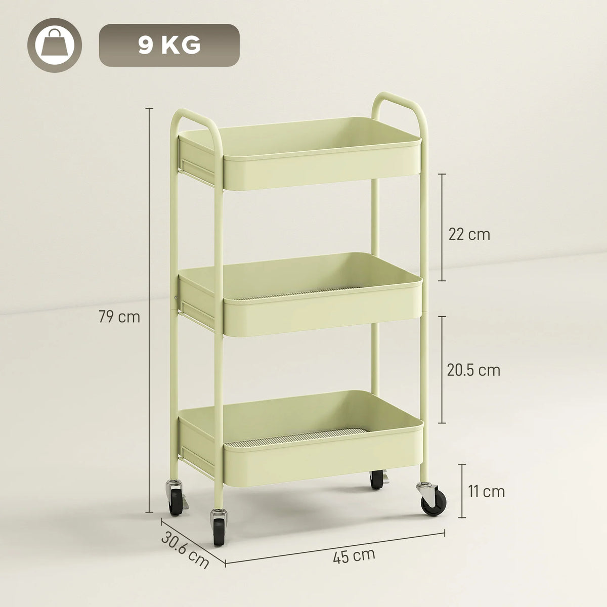 Green three-tier mesh basket storage cart, dimension diagram