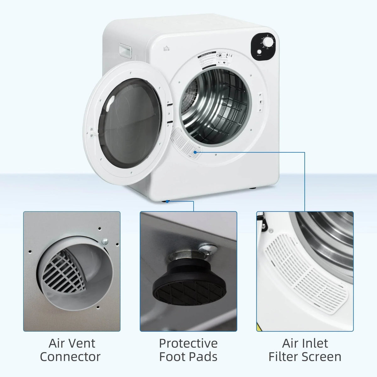 White compact tumble dryer with air vent connector, protective foot pads, and filter screen