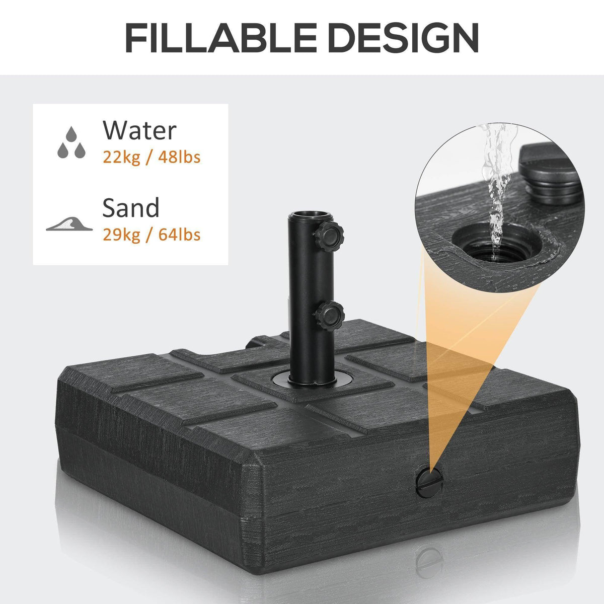 Black fillable square umbrella base with two pole posts and wood-effect finish