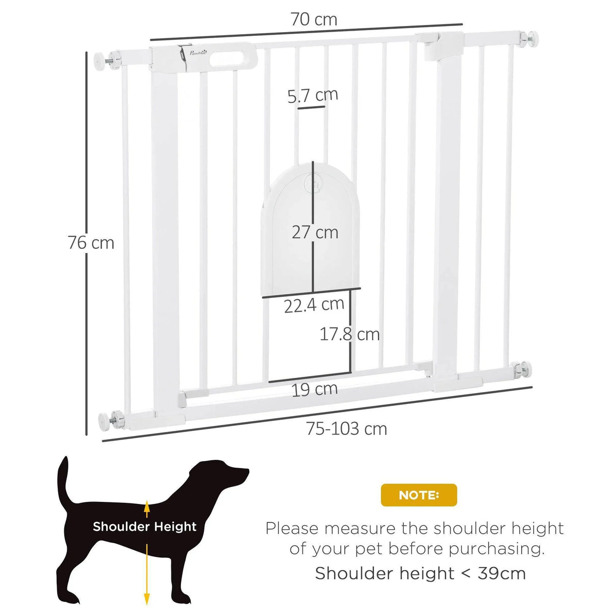 White pet safety gate size diagram, 75–103 cm wide with cat door opening