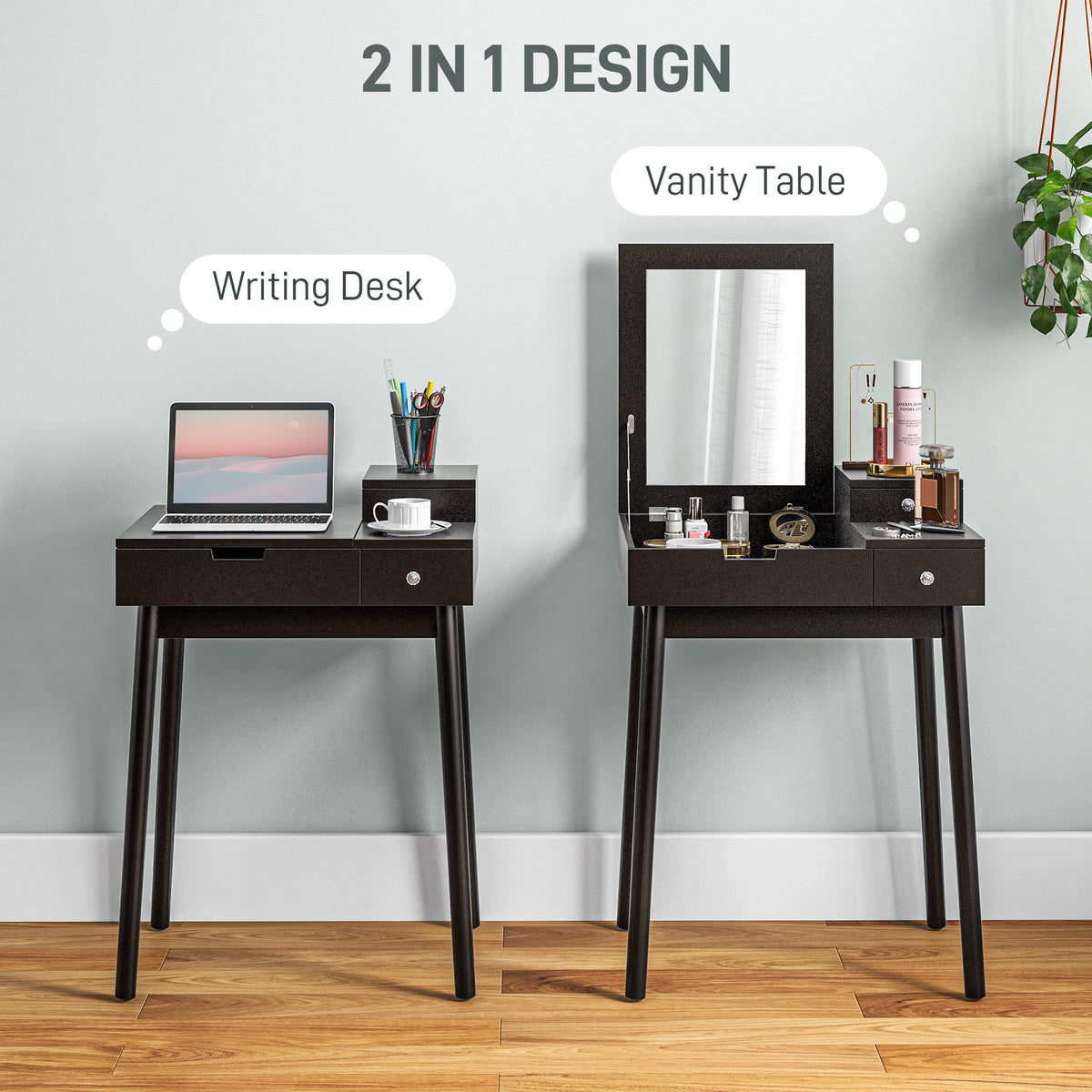 Black dressing table with flip-up mirror and two drawers beside wall