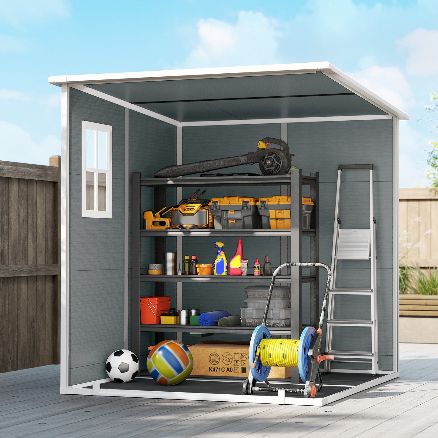 Outsunny 6x6 Ft Plastic Garden Shed With Floor Two Windows Vents Lockable Double Doors Grey Wood Effect
