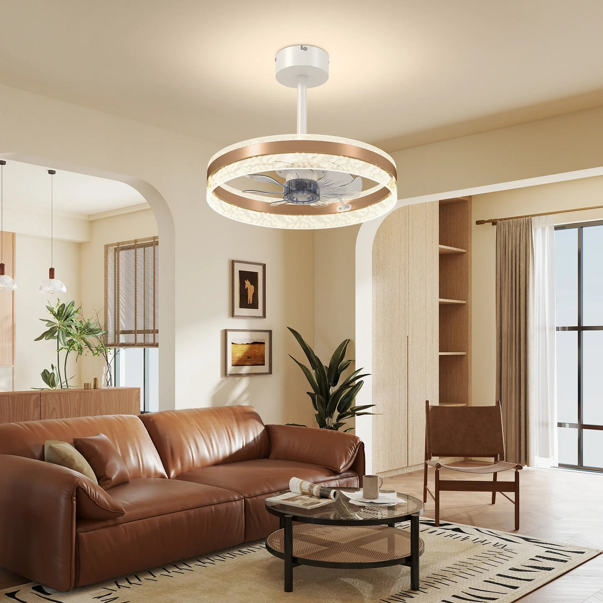 Gold-tone ceiling fan with LED light, white canopy, and downrod