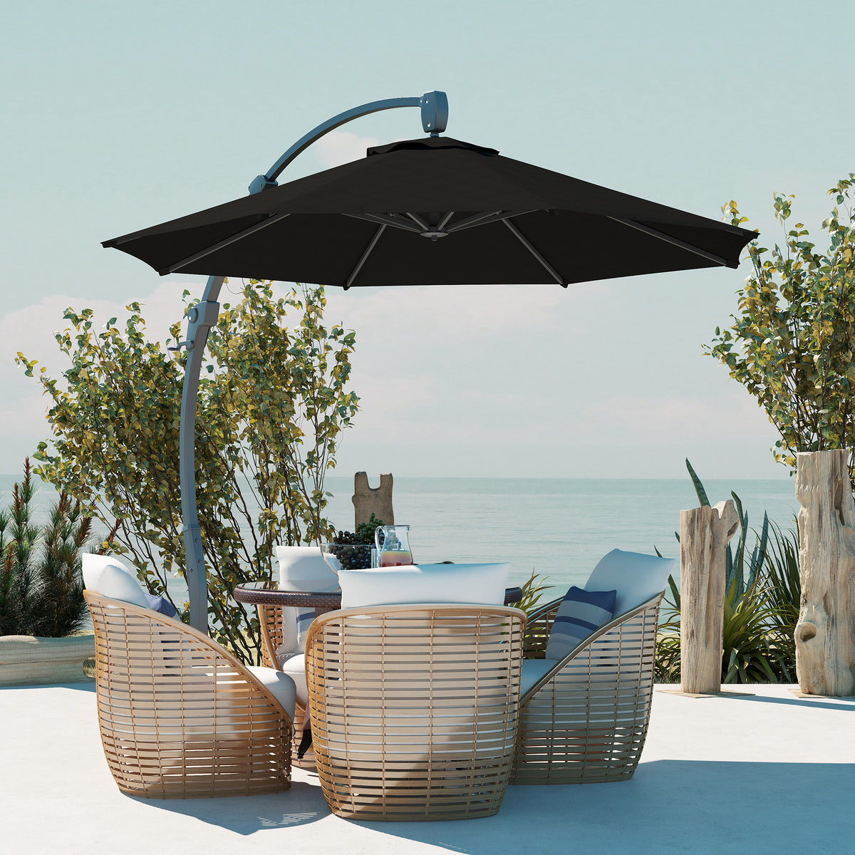 Black cantilever patio parasol with open round canopy and curved metal support
