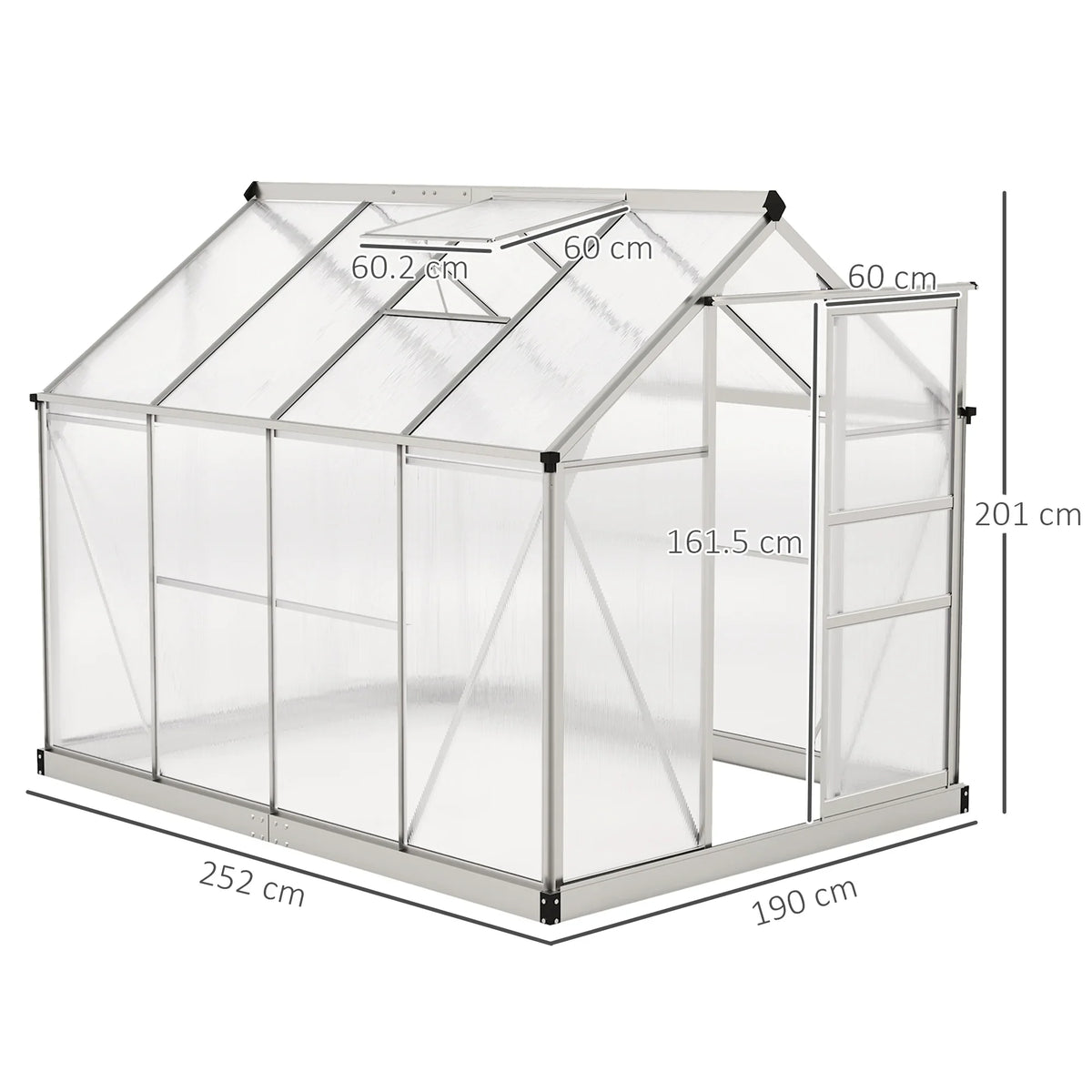 Clear-panel walk-in greenhouse with metal frame, front and side view with size markings