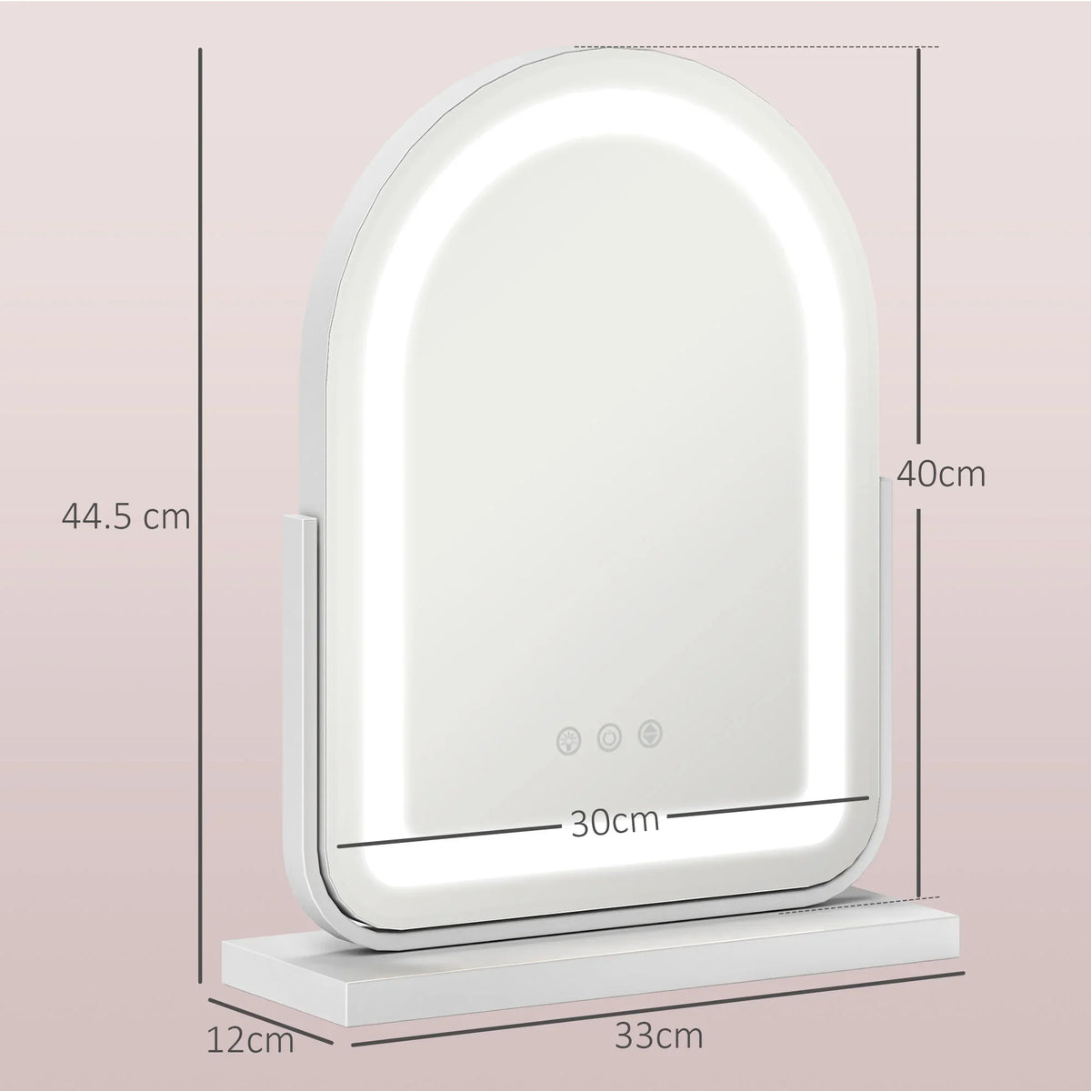 White arched LED vanity mirror standing on base with built-in illuminated border