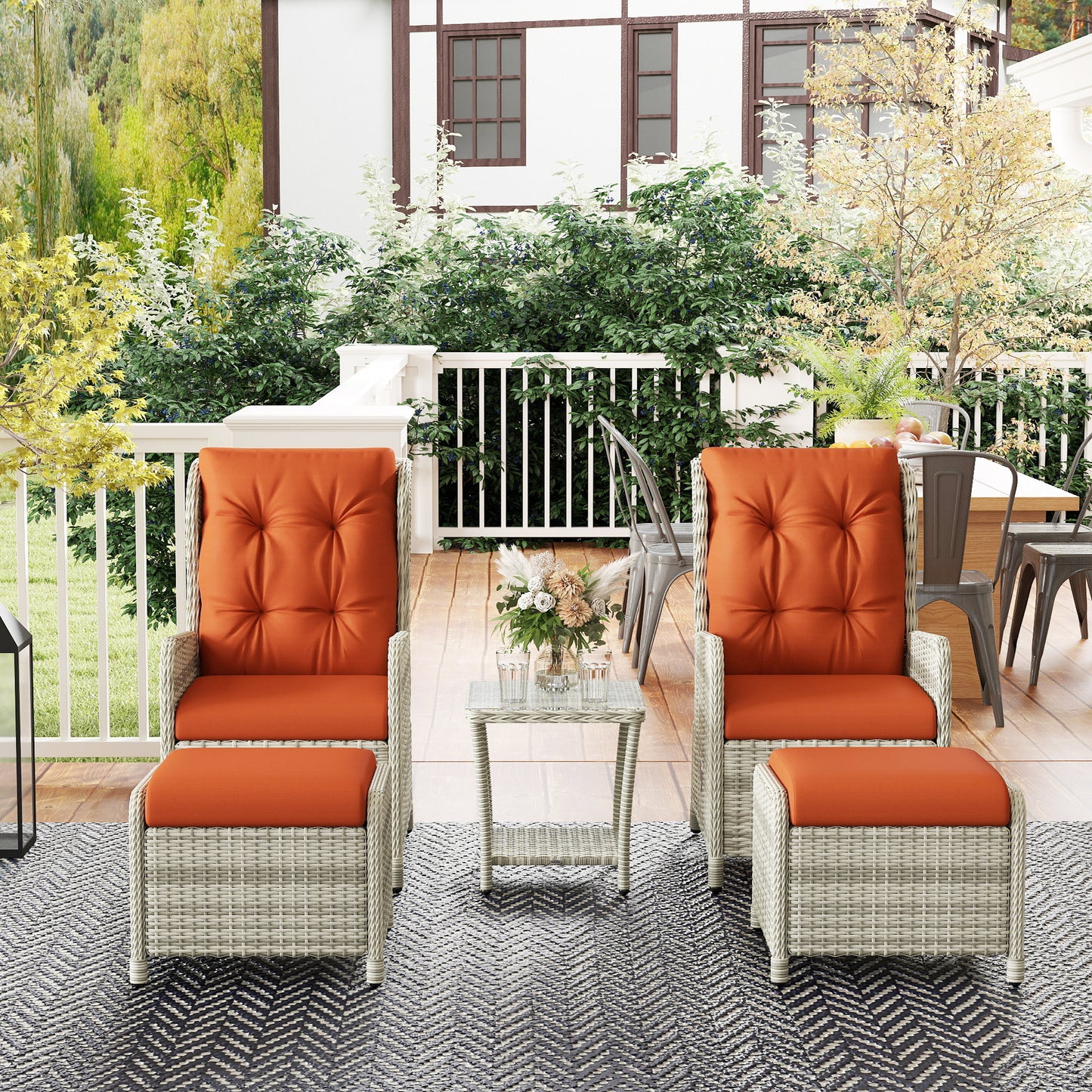 Outsunny 5 Pieces Rattan Bistro Set With Adjustable Back Reclining Cushions Outdoor Orange Footstools