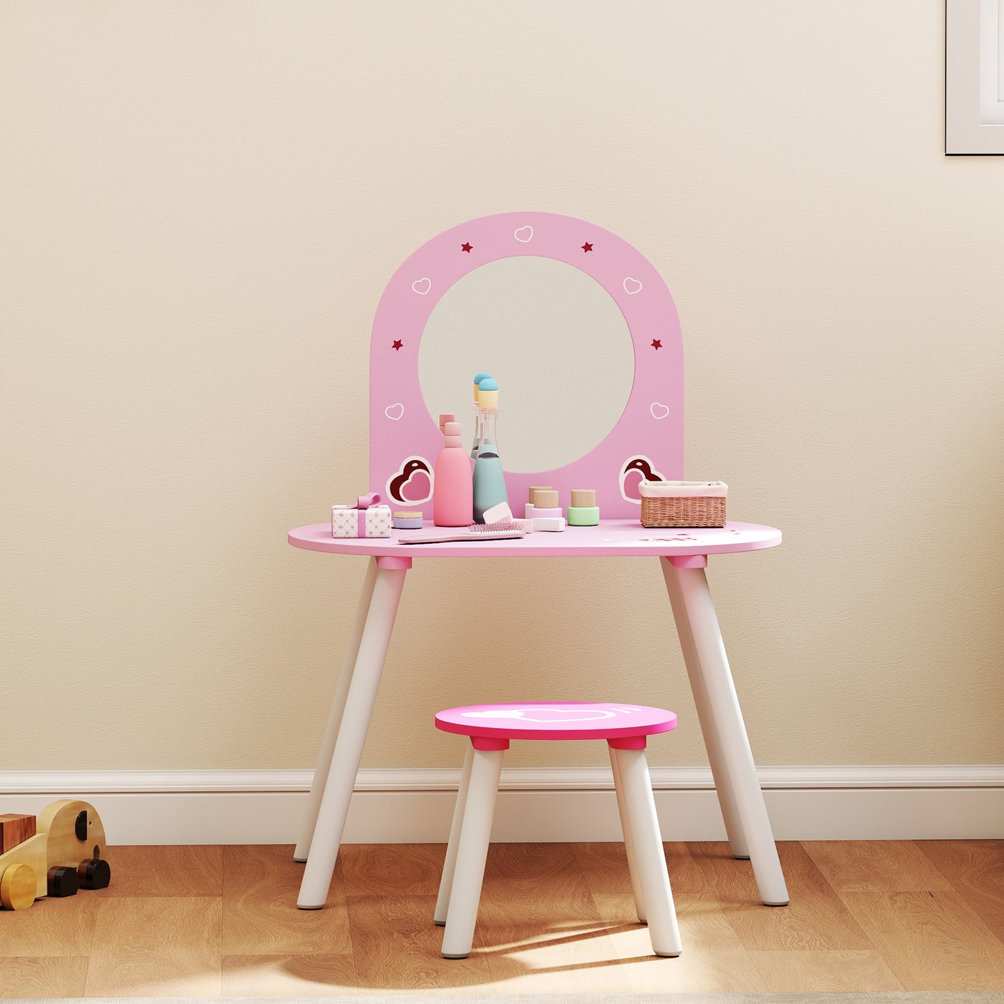 AIYAPLAY Kids Dressing Table With Mirror And Stool Vanity Set For Girls Ages 3 To 6 Pink