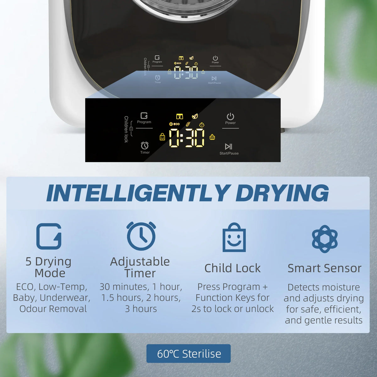 White tumble dryer front control panel with digital display and program icons