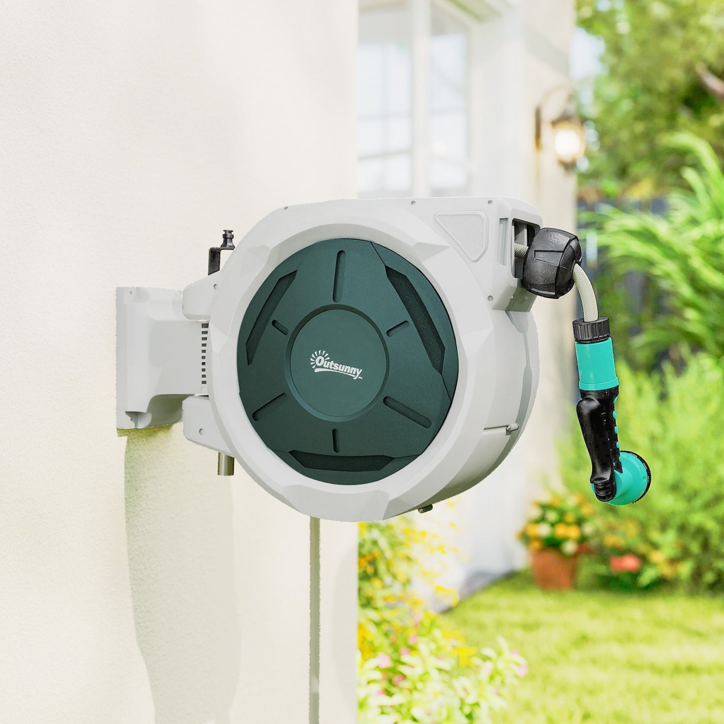 Outsunny Retractable Wall Mounted Hose Reel With 30 Meter Hose Auto Rewind 180 Degree Swivel 7 In 1 Nozzle