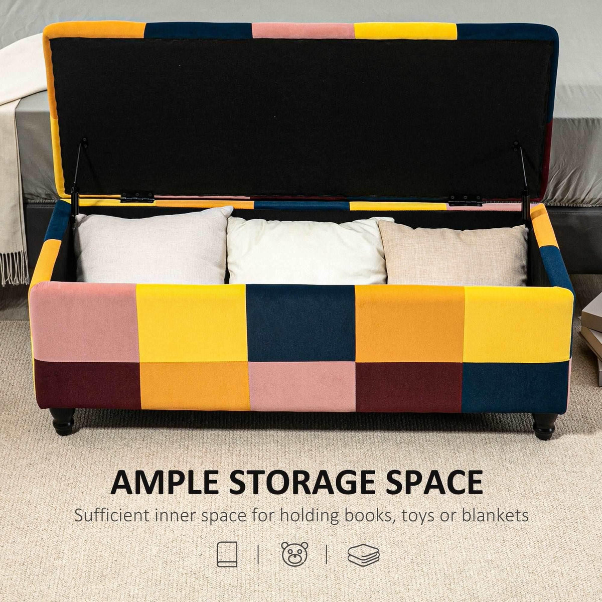 Patchwork velvet storage ottoman with hinged lid open, dark interior and short legs