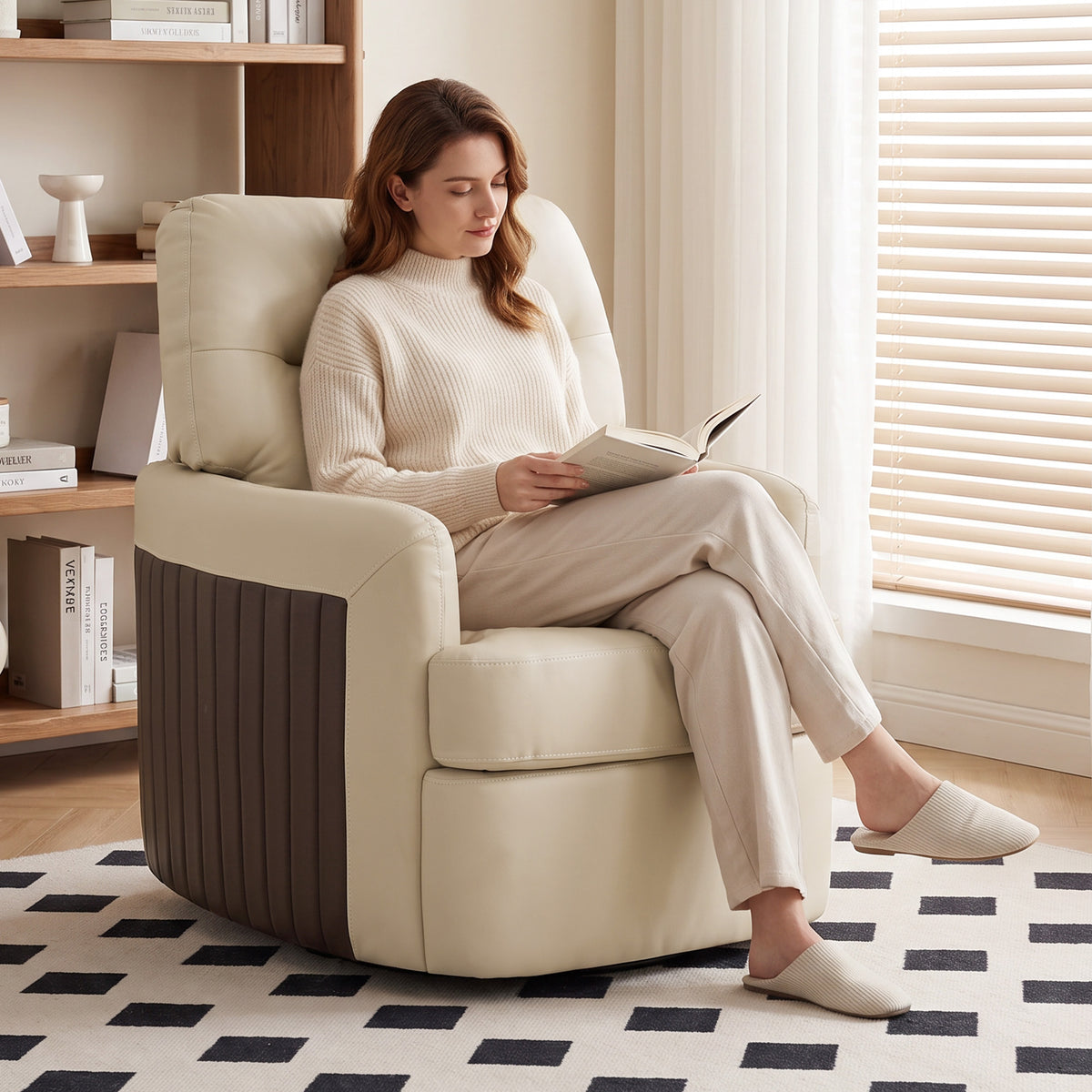 Cream faux leather swivel accent chair with dark-brown ribbed side panel and thick arms