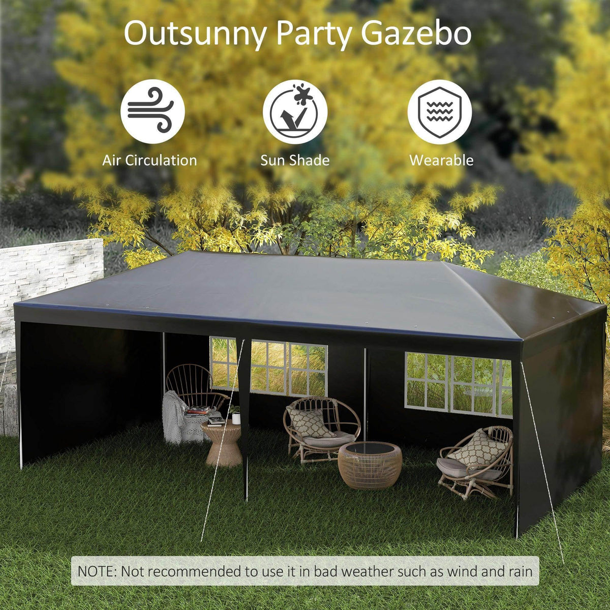 Black garden gazebo tent with clear windows and open sides, patio furniture set under the canopy