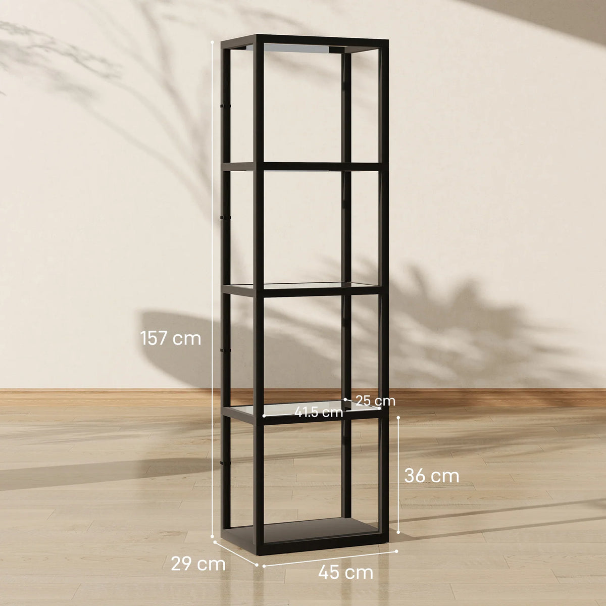 Black four-tier floor lamp frame with open shelves and warm LED light inside