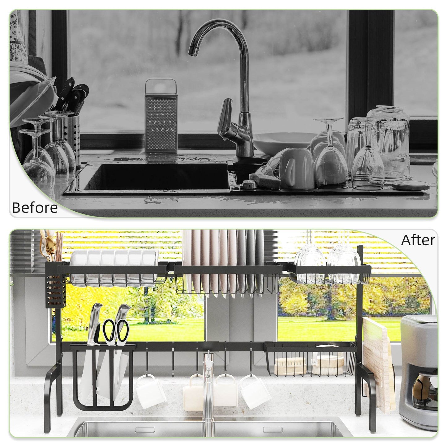 Black over-the-sink dish drying rack loaded with clean plates and cookware