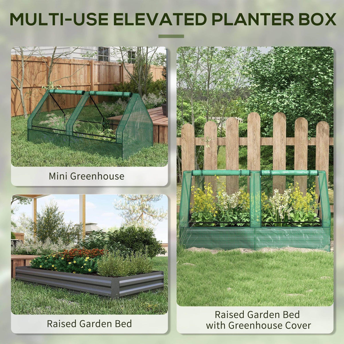 Raised garden bed with greenhouse cover shown from front and side angles