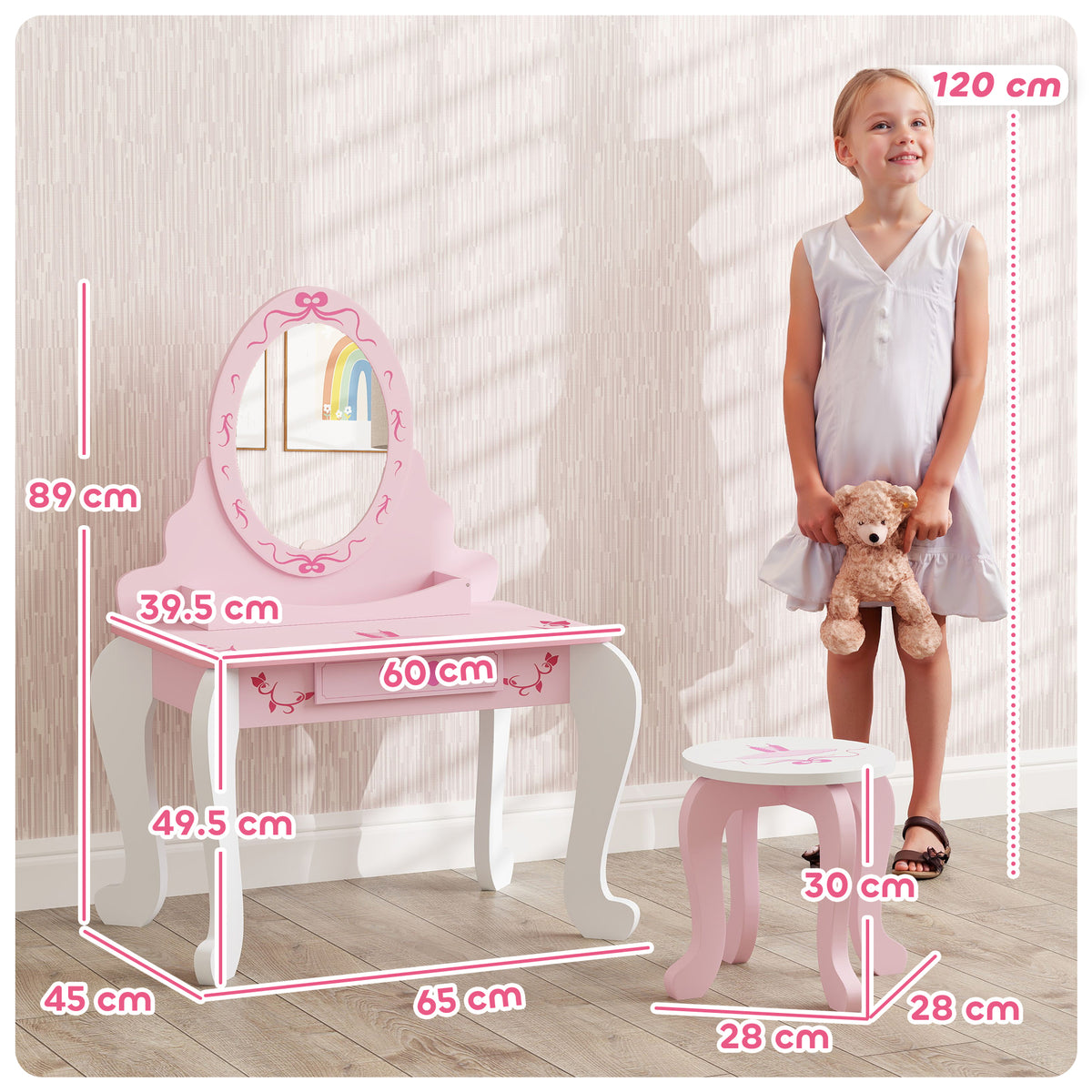 Kids vanity table with pink mirror and drawer, plus stool