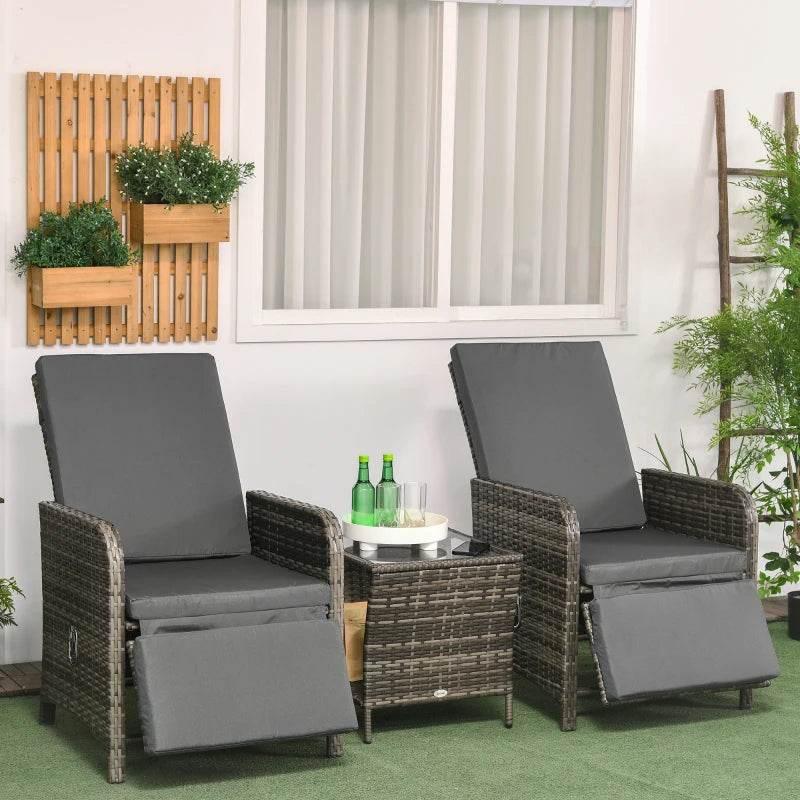 3-piece rattan bistro set with dark gray cushions and storage side table