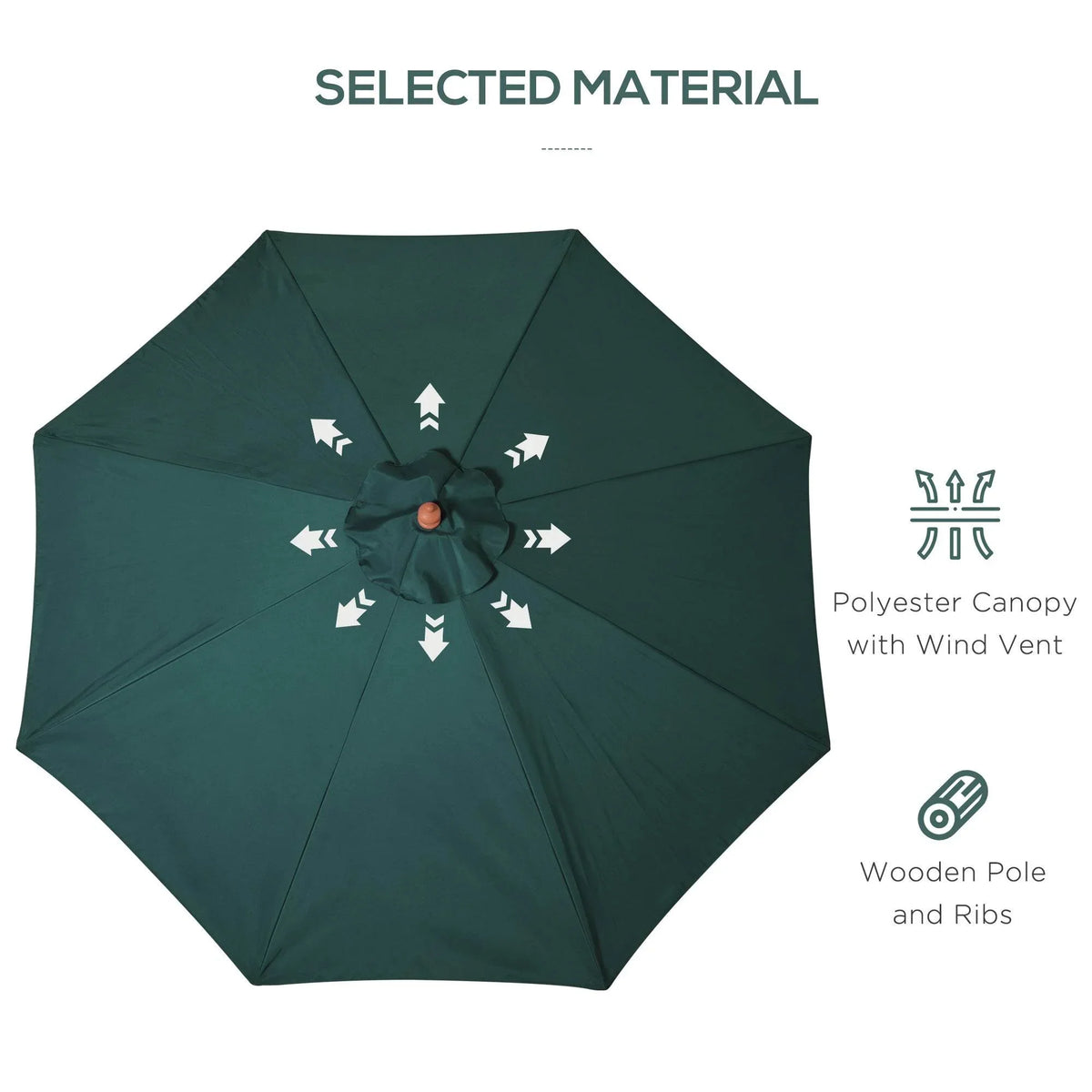Dark green polyester parasol canopy with central vent and wooden pole