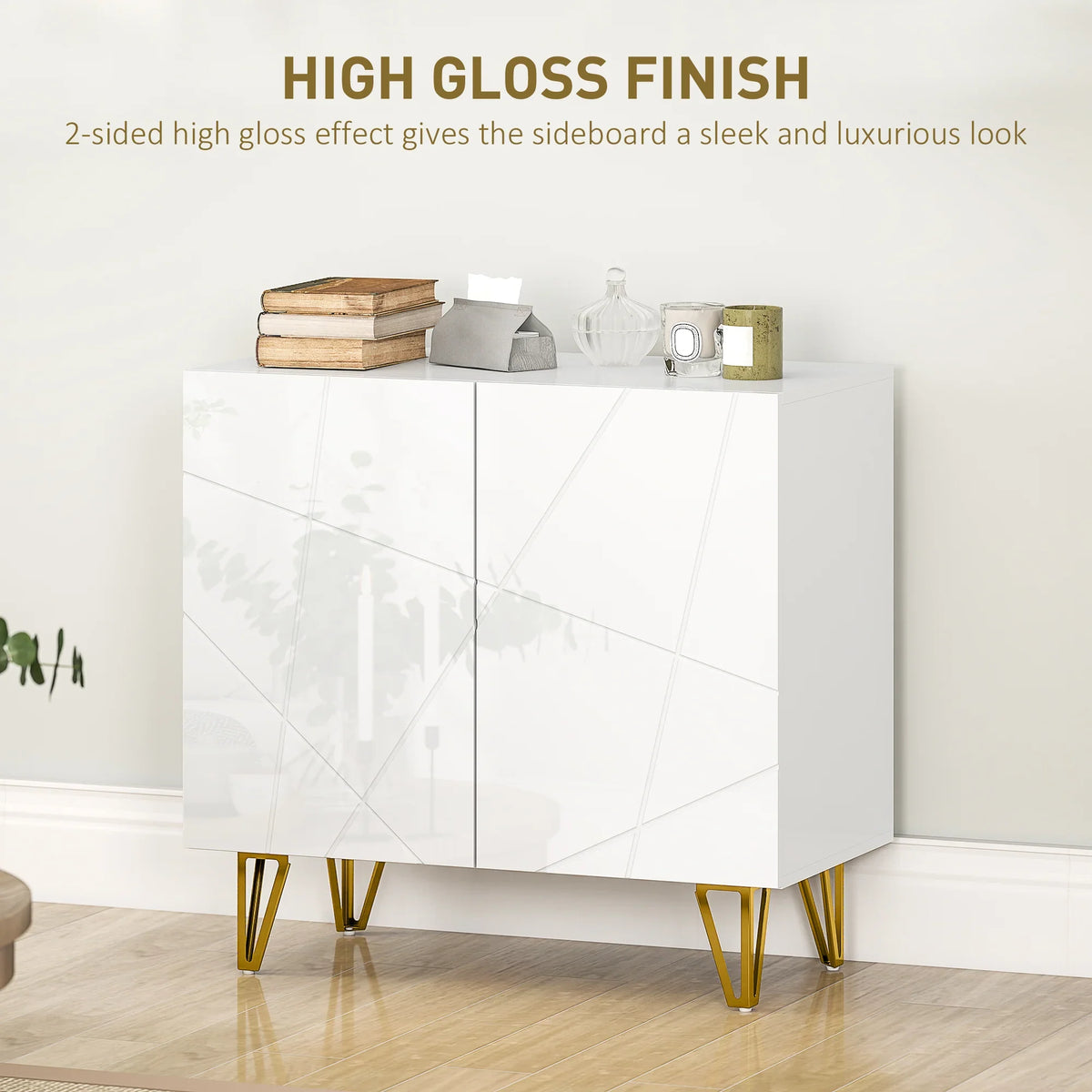 White high-gloss sideboard with two doors and gold hairpin legs, styled top surface.