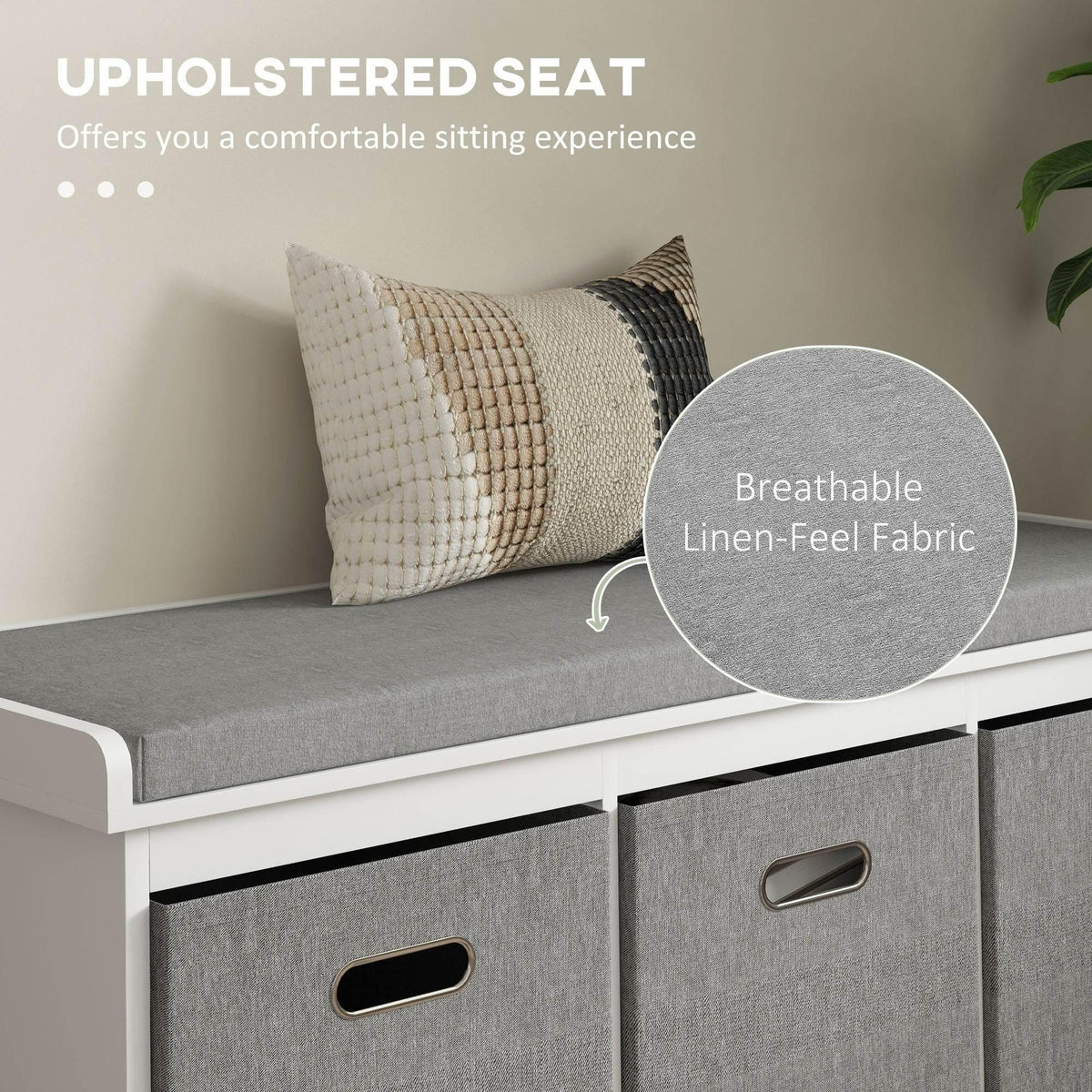 HOMCOM shoe storage bench with padded upholstered seat and gray fabric drawers with cut-out handles