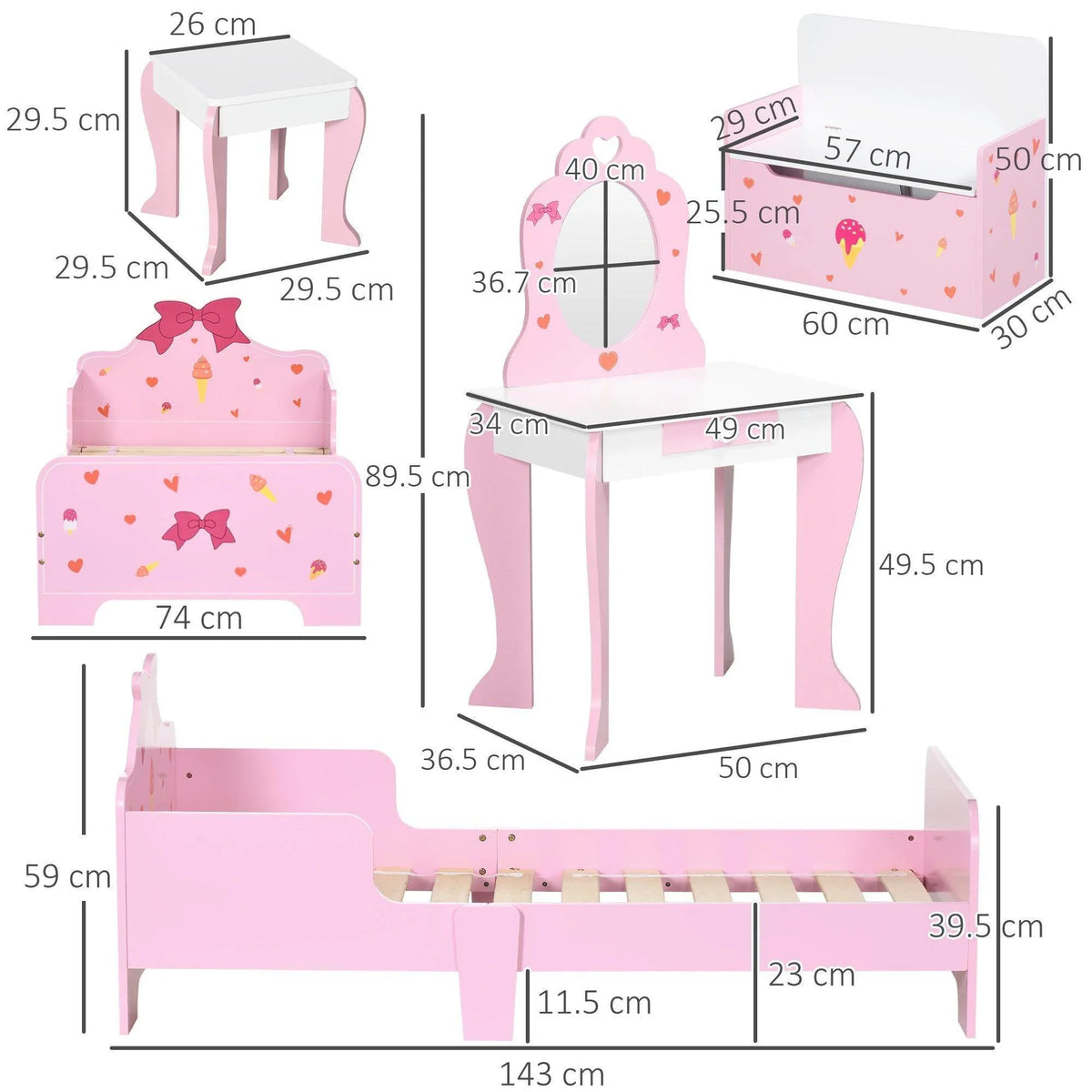Pink kids bedroom furniture set diagram: bed, vanity table, mirror, and storage bench