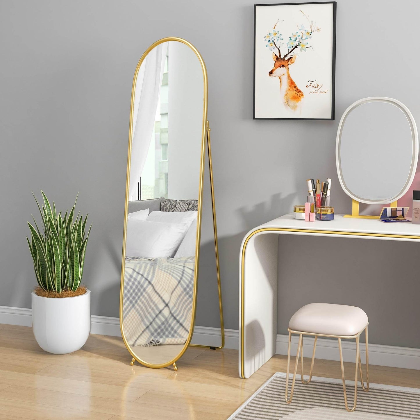 HOMCOM Elegant Gold Tone Full Length Mirror - Versatile Floor Standing, Wall-Mounted, or Leaning Design - ALL4U RETAILER LTD