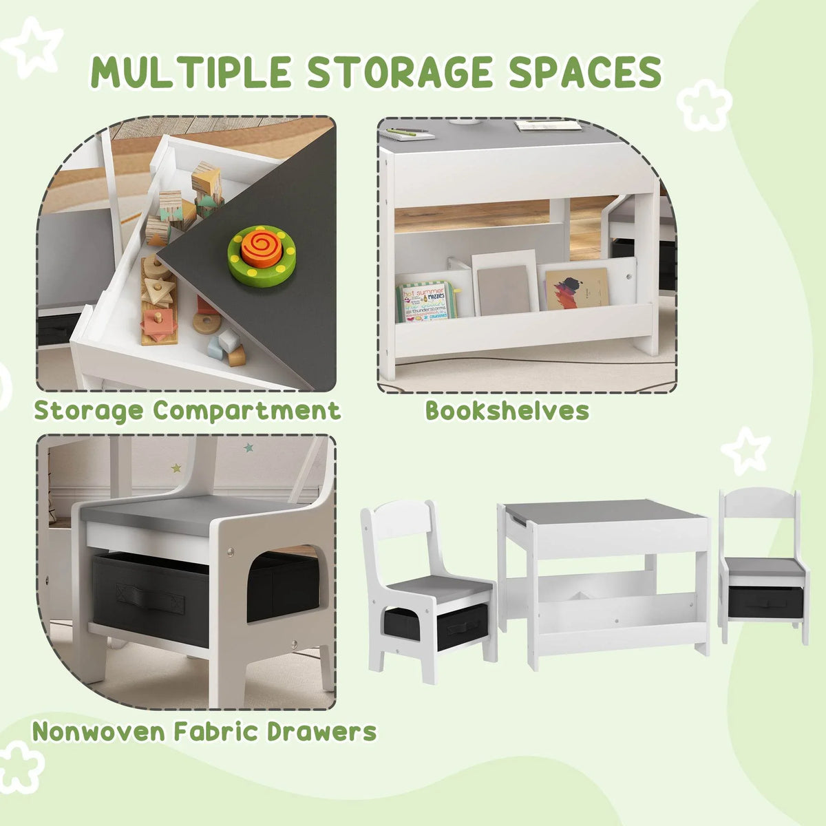Kids white table set with storage compartments and fabric drawers for supplies
