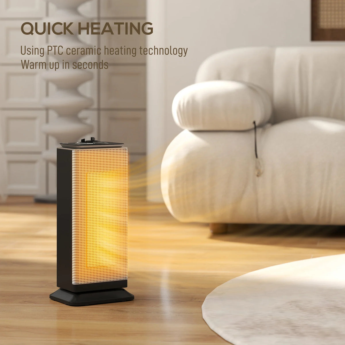 Black ceramic space heater with glowing heating panel on floor beside sofa