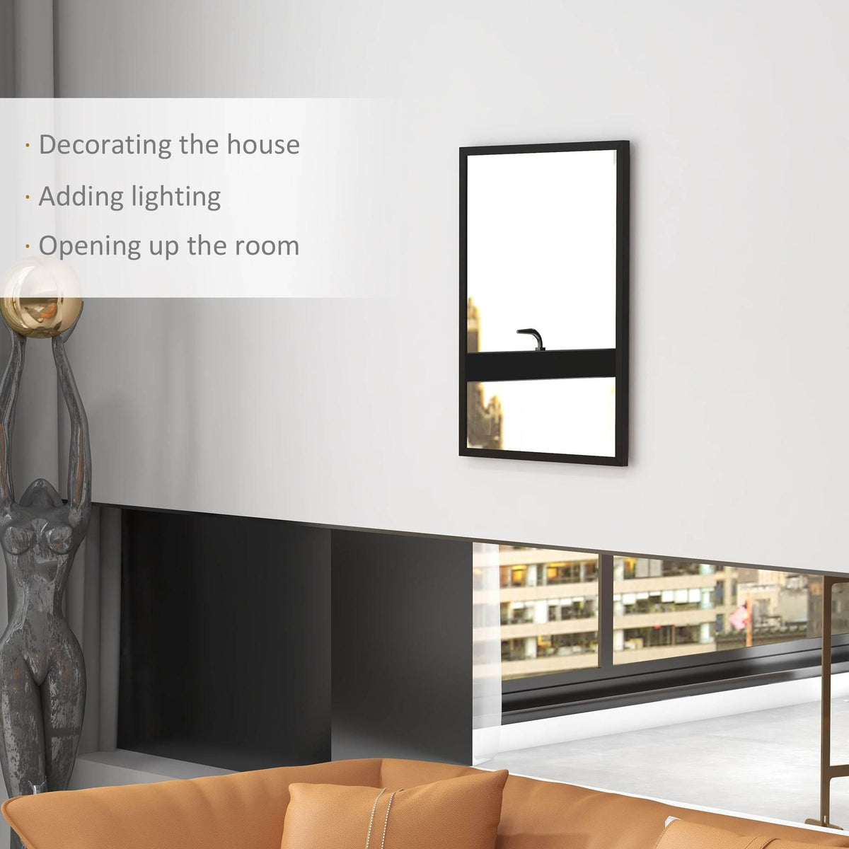 Black-framed wall mirror with reflective glass panel in a compact rectangular shape
