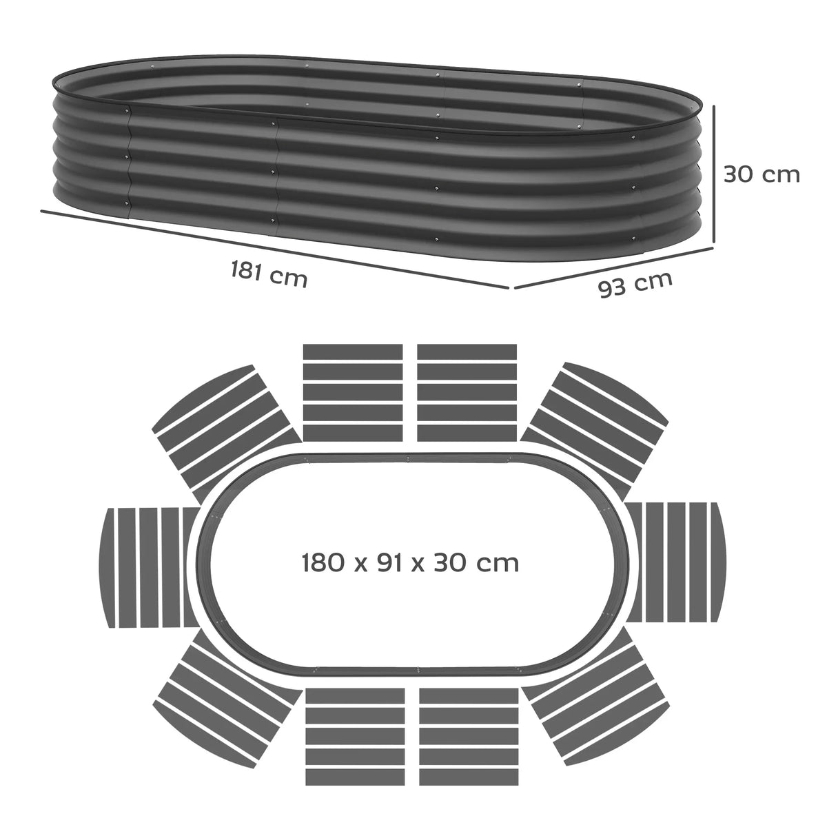 Dark grey galvanized steel planter set, 181 x 93 x 30 cm dimensions diagram