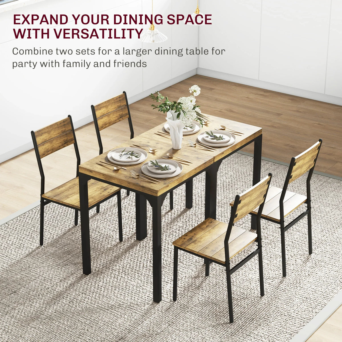 Extended dining set arrangement with rustic brown table and black metal chairs