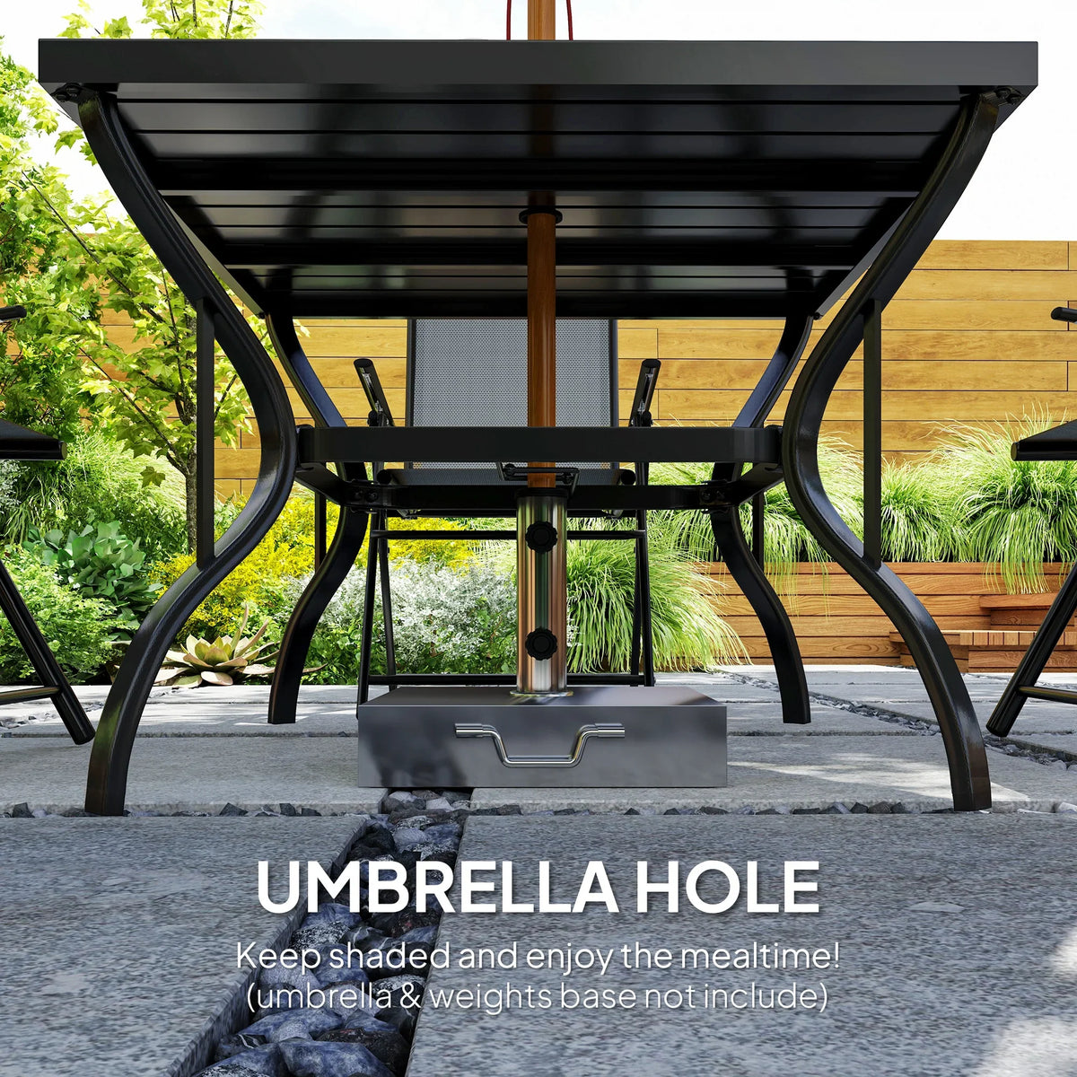 Black patio dining table underside showing umbrella hole and metal legs with support bar