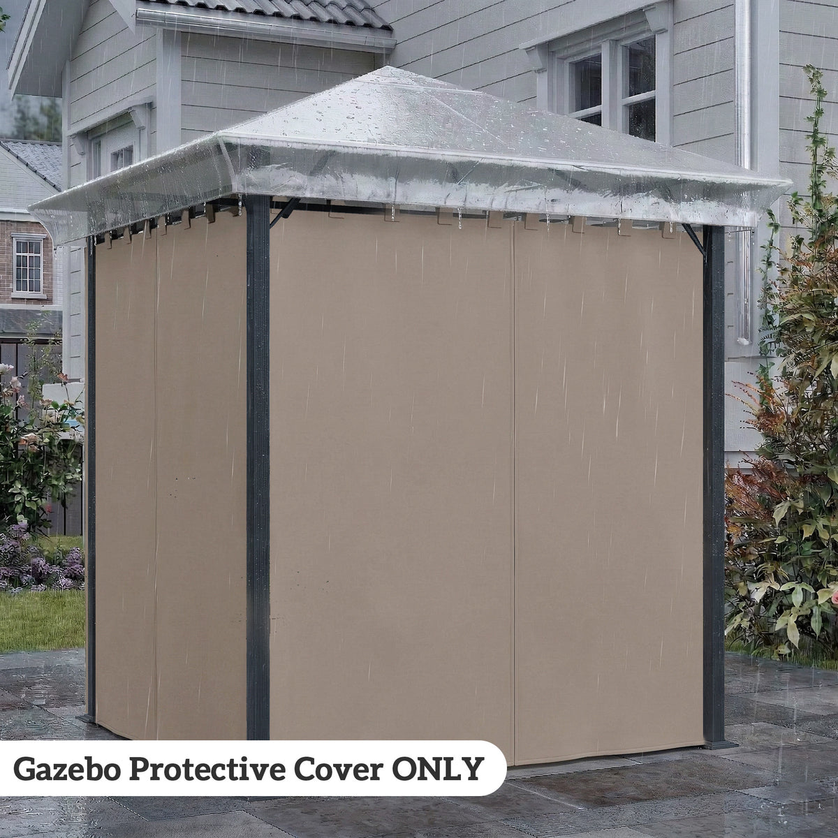 Beige waterproof gazebo protective cover, fully enclosed over gazebo frame