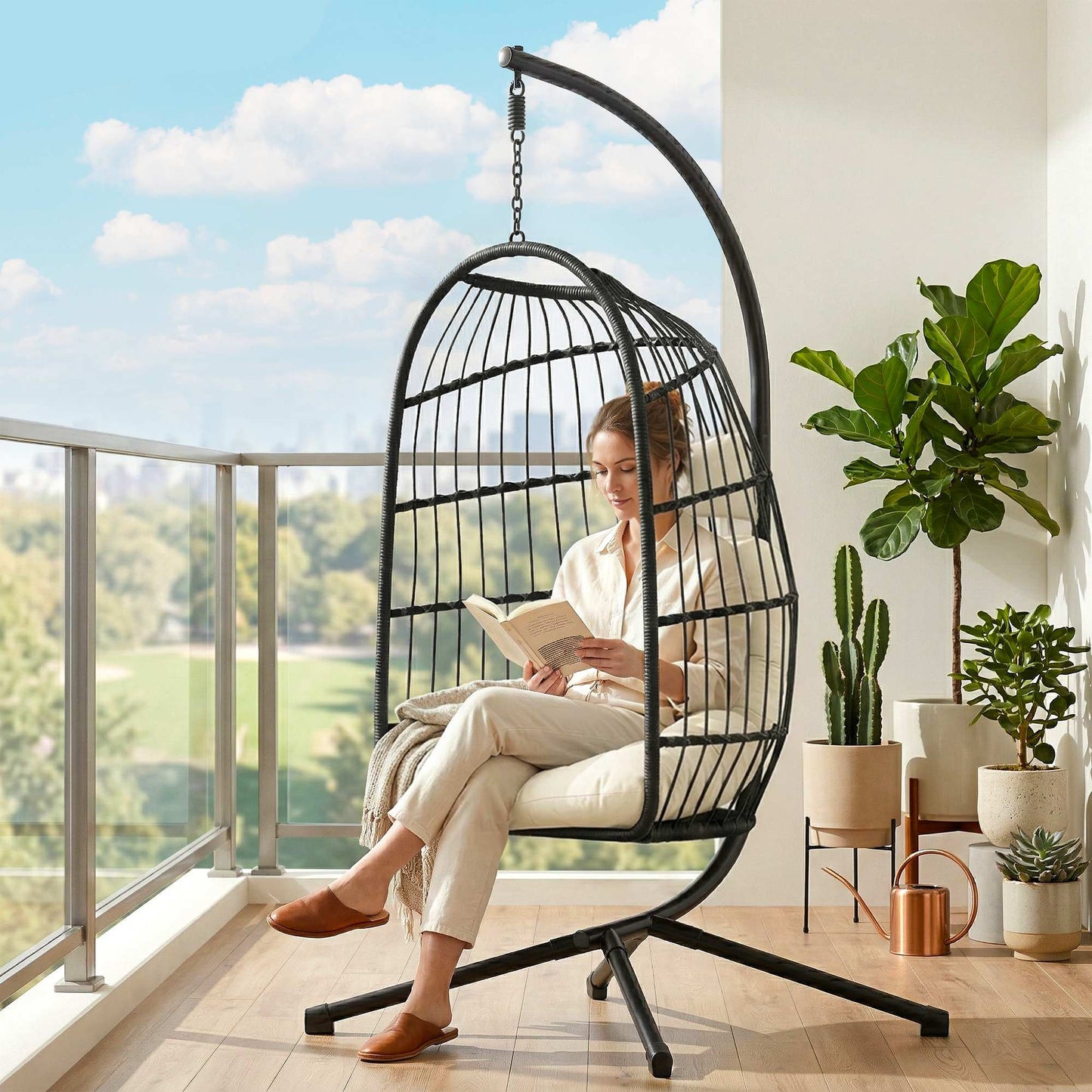 Outsunny Hanging Egg Chair With Stand For Indoor Outdoor Use Height Adjustable Cushioned Back Black Cream White