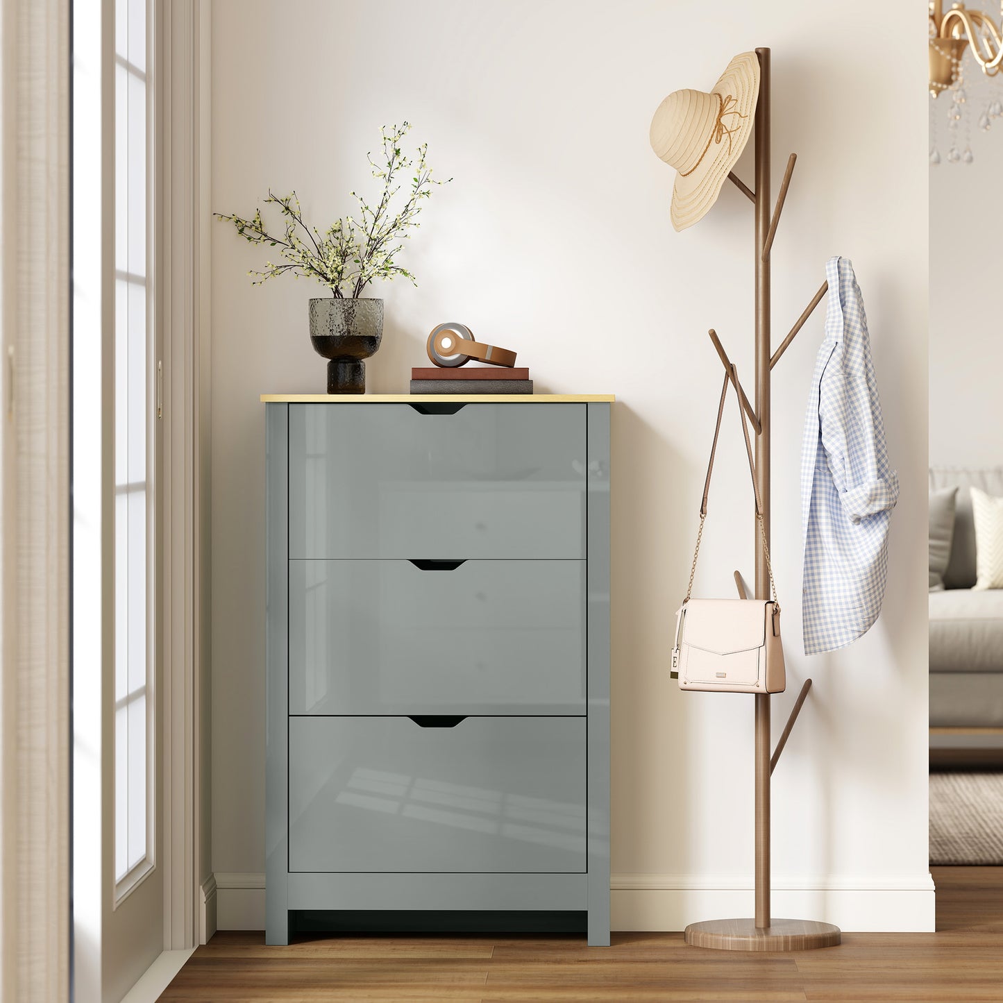HOMCOM Slim Shoe Cabinet Narrow Cupboard With 3 Flip Drawers And Adjustable Shelves For 18 Pairs Of Shoes Light Grey