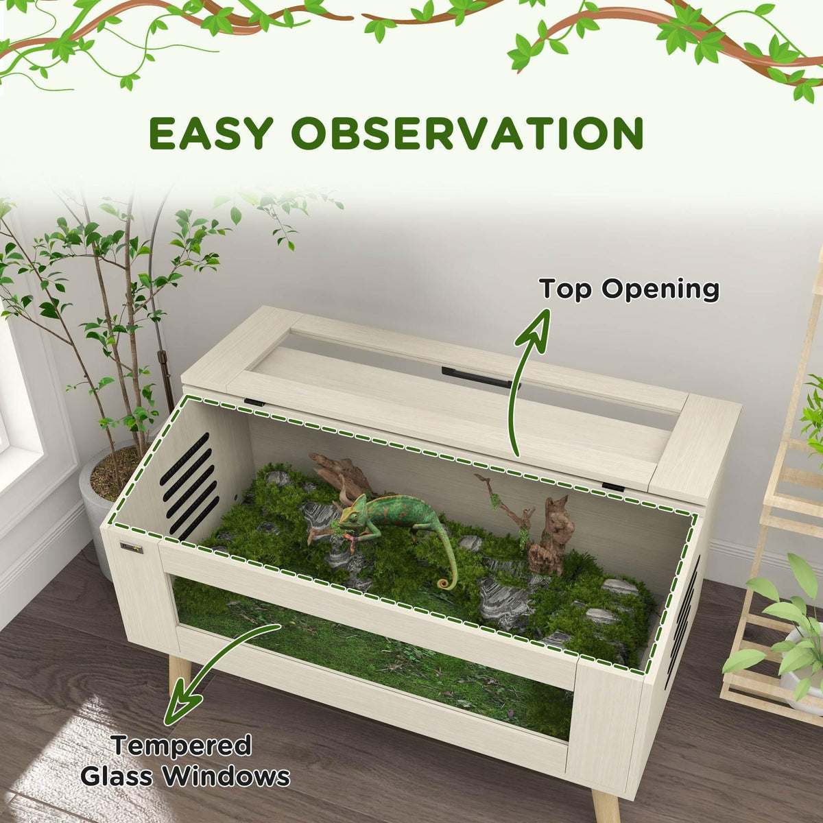 Reptile terrarium with tempered glass windows and top opening for easy access