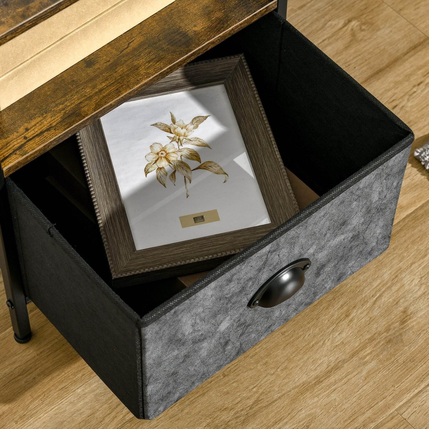 HOMCOM Rustic Industrial Set of 2 Nightstands with Fabric Drawers and Open Shelf - ALL4U RETAILER LTD