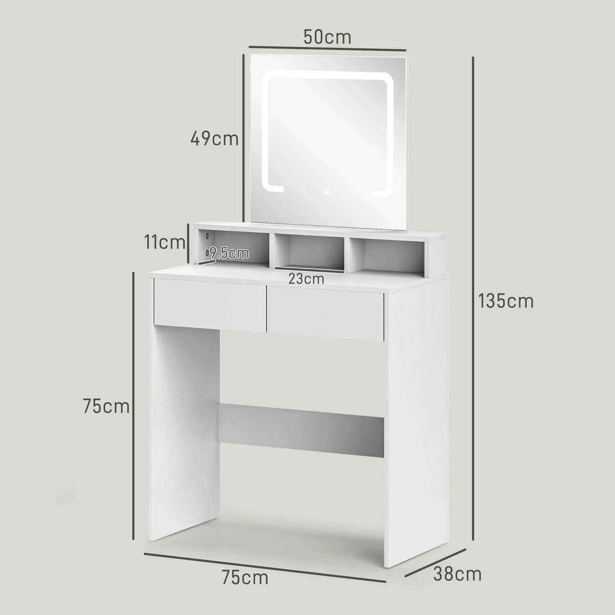 White vanity table with LED mirror and cabinet storage, front view with dimensions