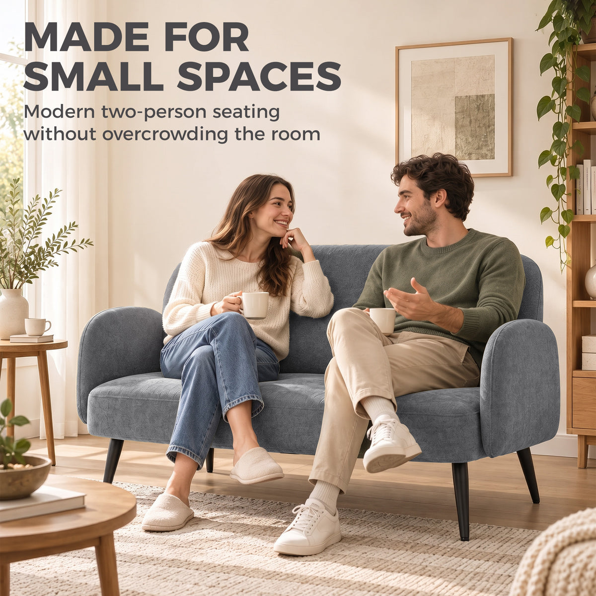 Light grey two-person velvet sofa with wide seat, rounded arms, and black legs