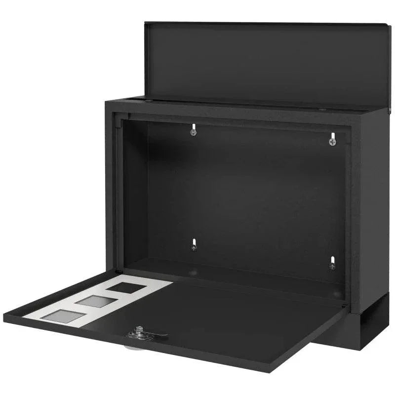Black wall mailbox with open front flap and empty interior mail compartment