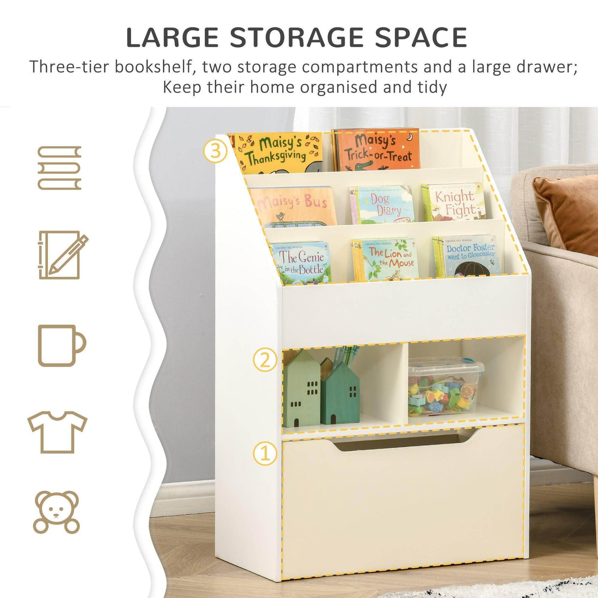 White kids bookshelf toy box with three open shelf levels and a large bottom drawer.
