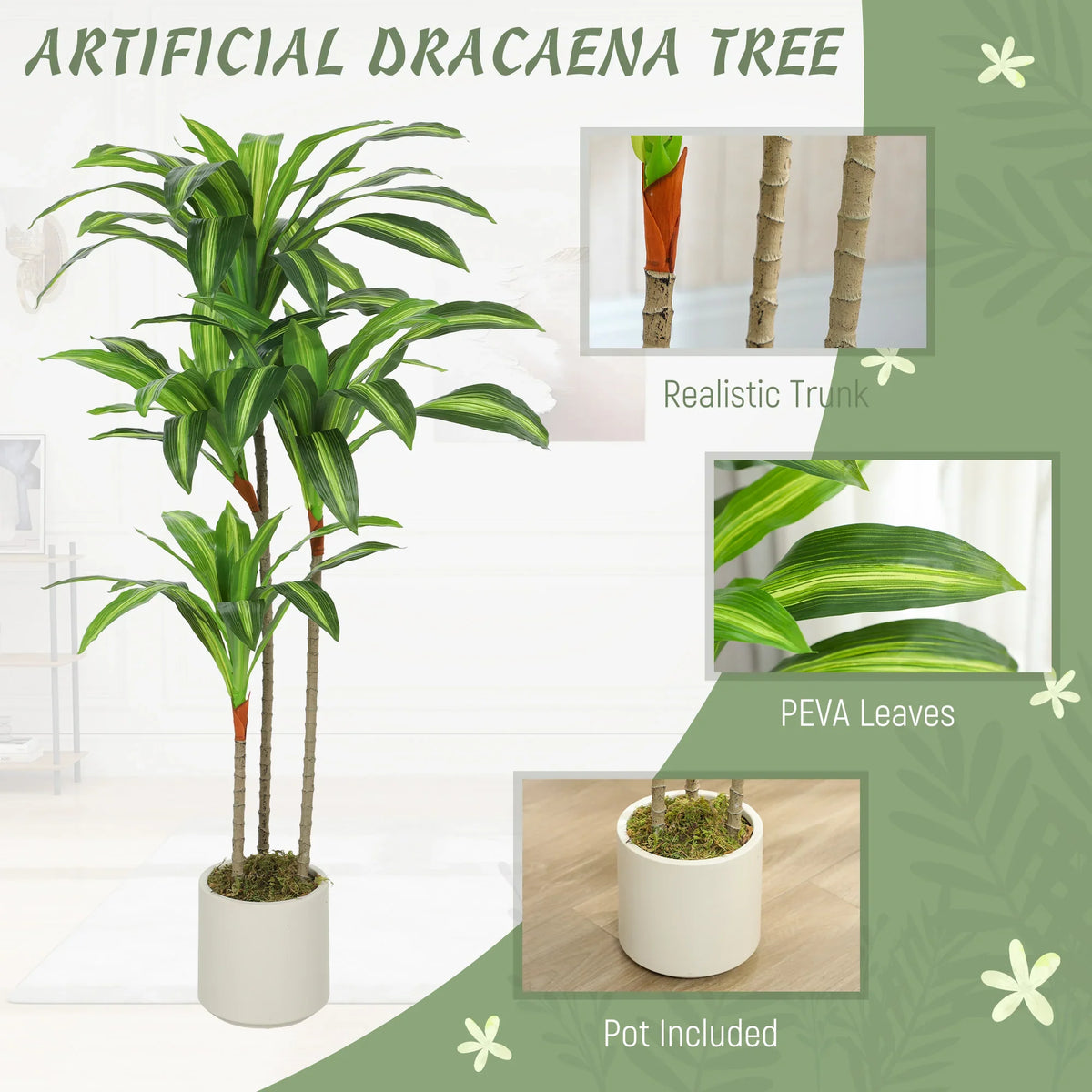 Artificial dracaena tree with lifelike green leaves and multiple brown trunks, white pot